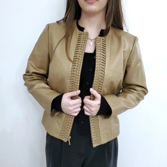 Revue Metallic Gold Lamb Skin Lined Full Zip Leather Jacket 90's Y2K Small - Picture 2 of 16